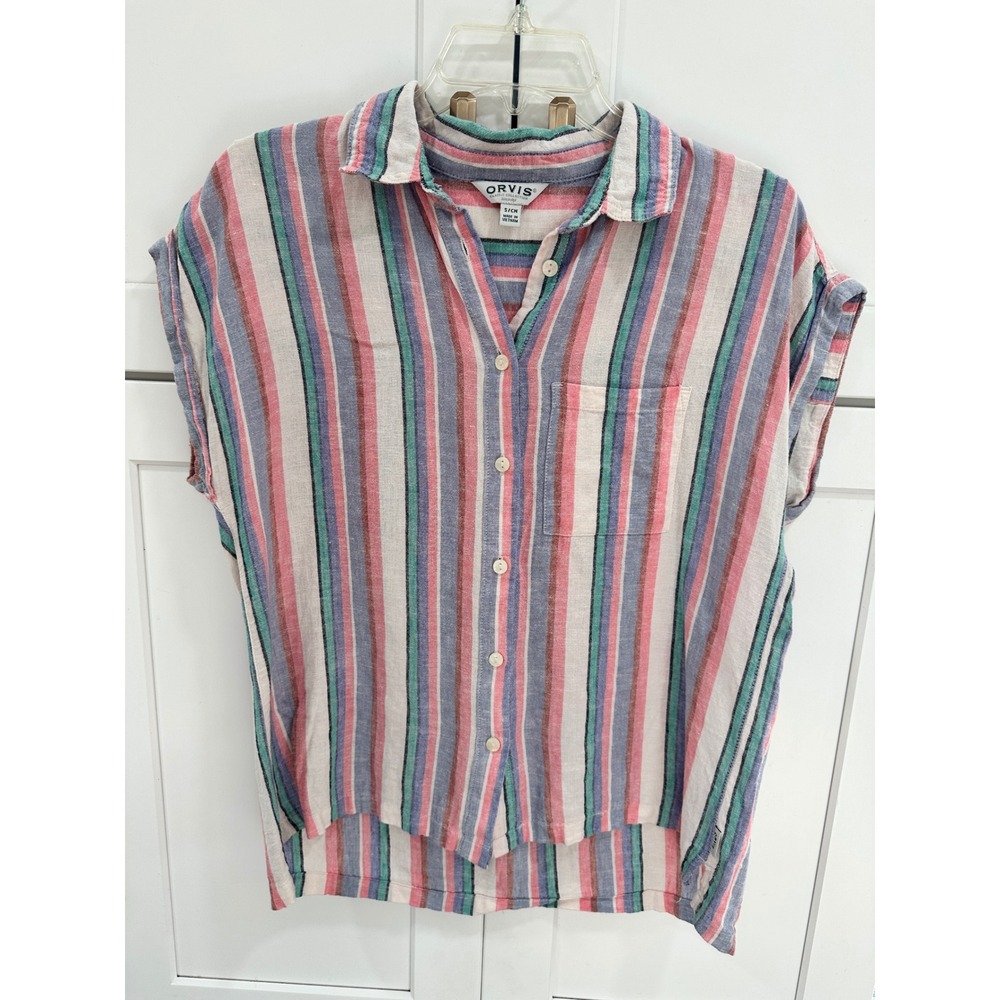Orvis Classic Collection Linen Blend Striped Short Sleeve Button Down Shirt S